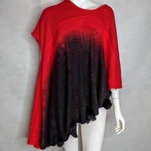 Ombre Red Black One Shoulder Poncho with Fur Poms